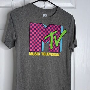 MTV Gray Tee with Pink Checkerboard and Neon Green Logo